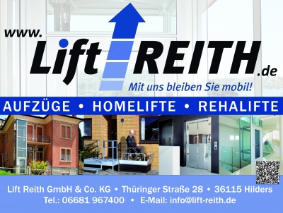 Hier sehen Sie das Logo, die Adresse sowie Produktbeispiele der Firma Lift Reith